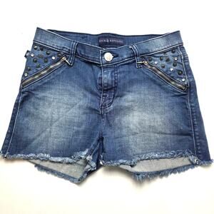 Rock Republic Pixie Raw Hem 3" inseam Denim Shorts Zipper Studded Pockets Size 6